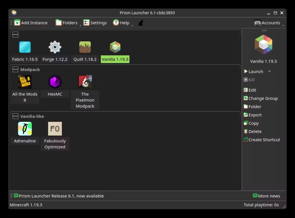 Prism Launcher window emerging from a dimensional gateway with instance list