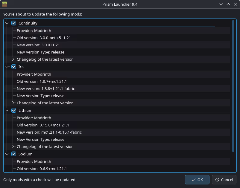 Confirming queued CurseForge and Modrinth mod updates